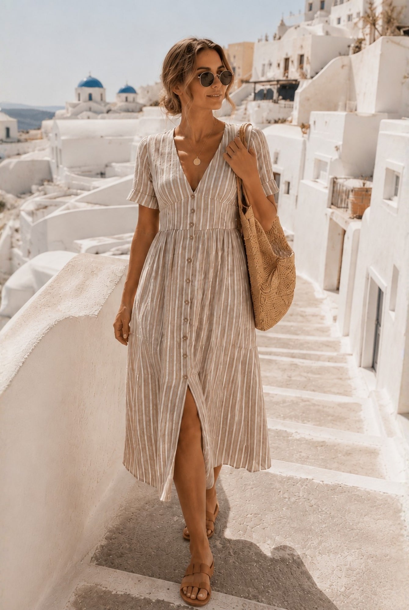 Women's cocoa striped dress side view, the Mariska Dress in Cocoa Stripe by Esther & Co