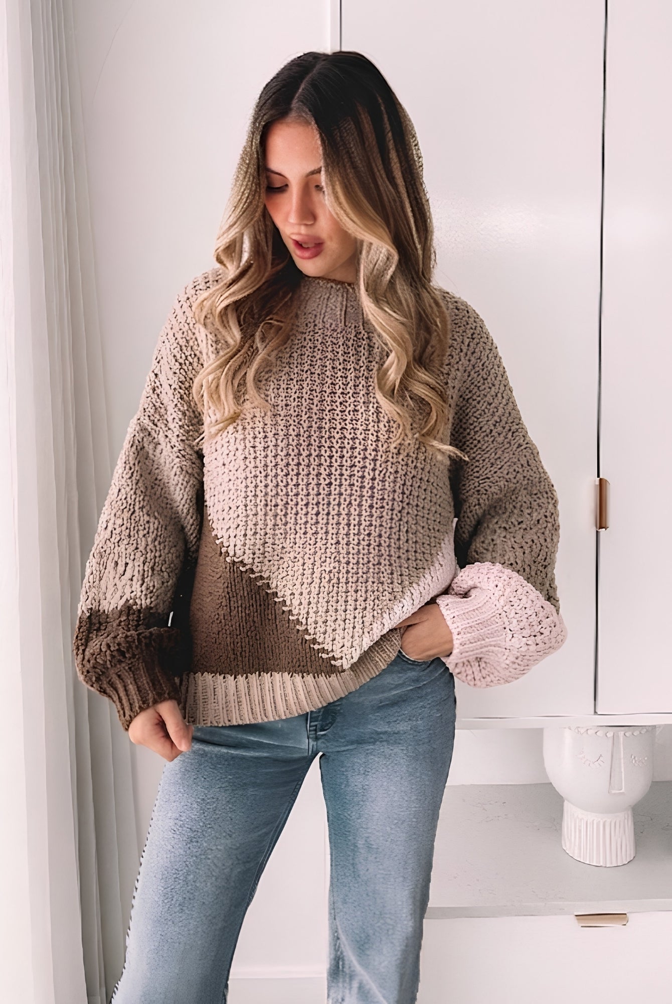 Maxence Knit in Mocha Multi womens colour block knit in mocha multi front view