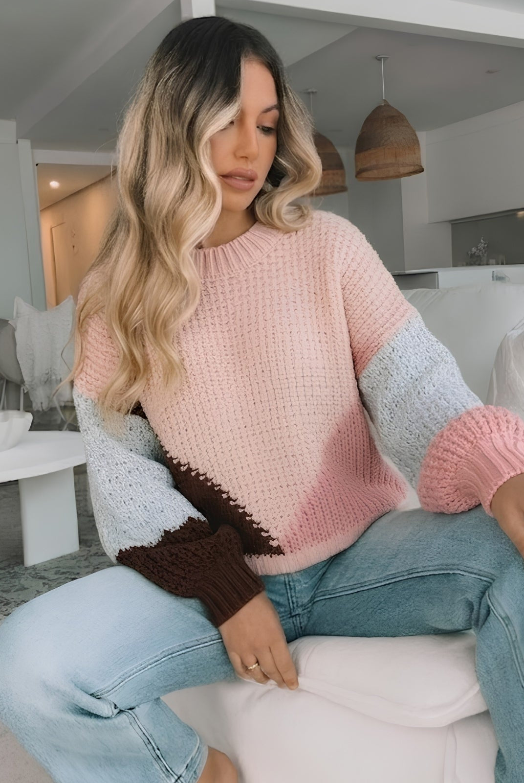 Maxence Knit in Pink Multi womens colour block knit jumper in pink multi front view