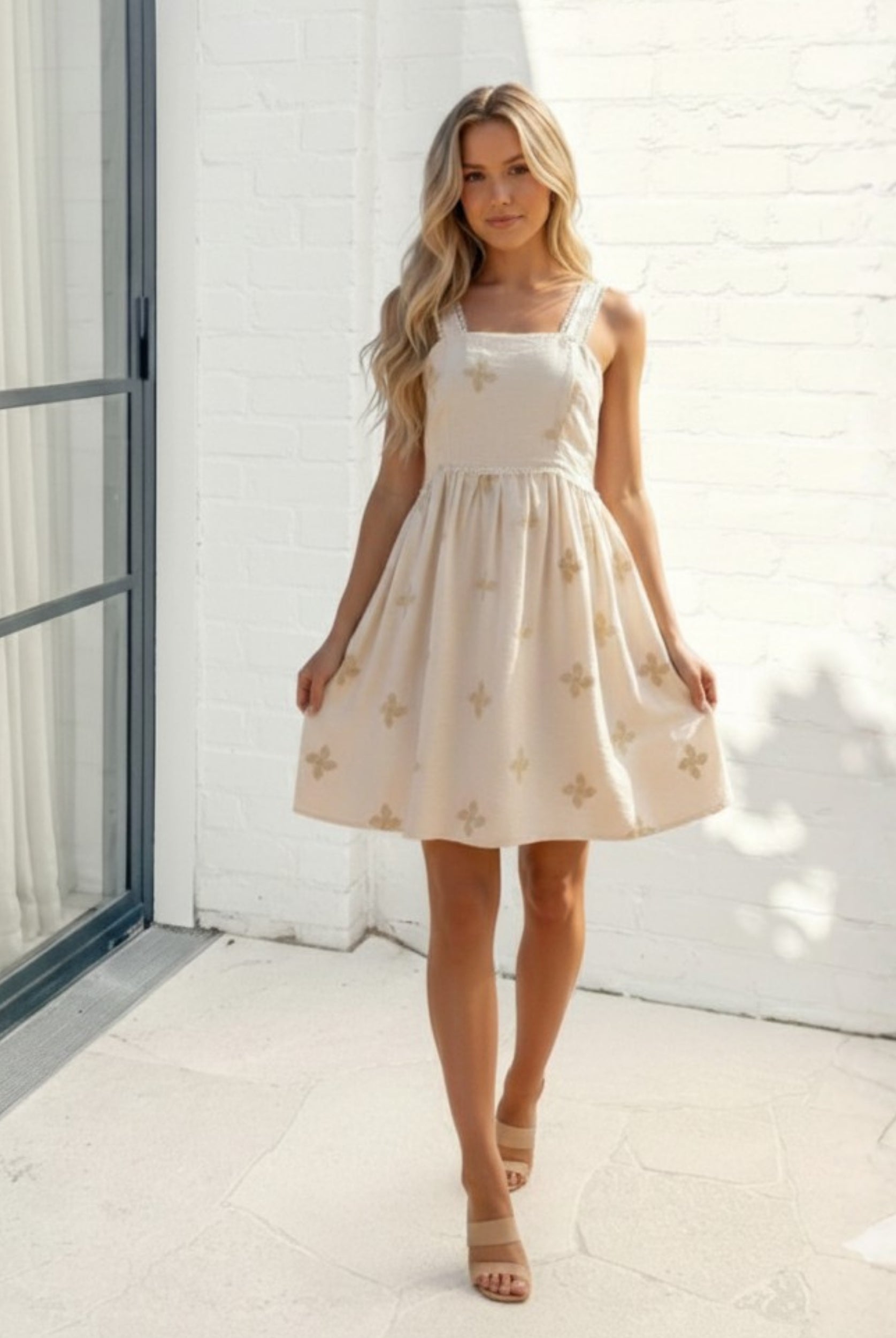 Women's beige floral mini dress front view by Esther & Co