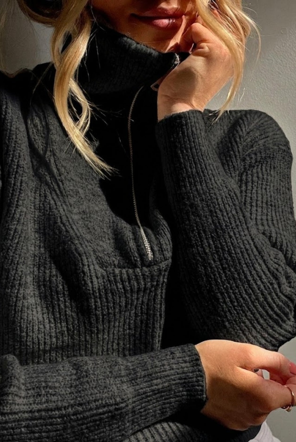 Merete Knit in Black black wool blend high collar knit full length view