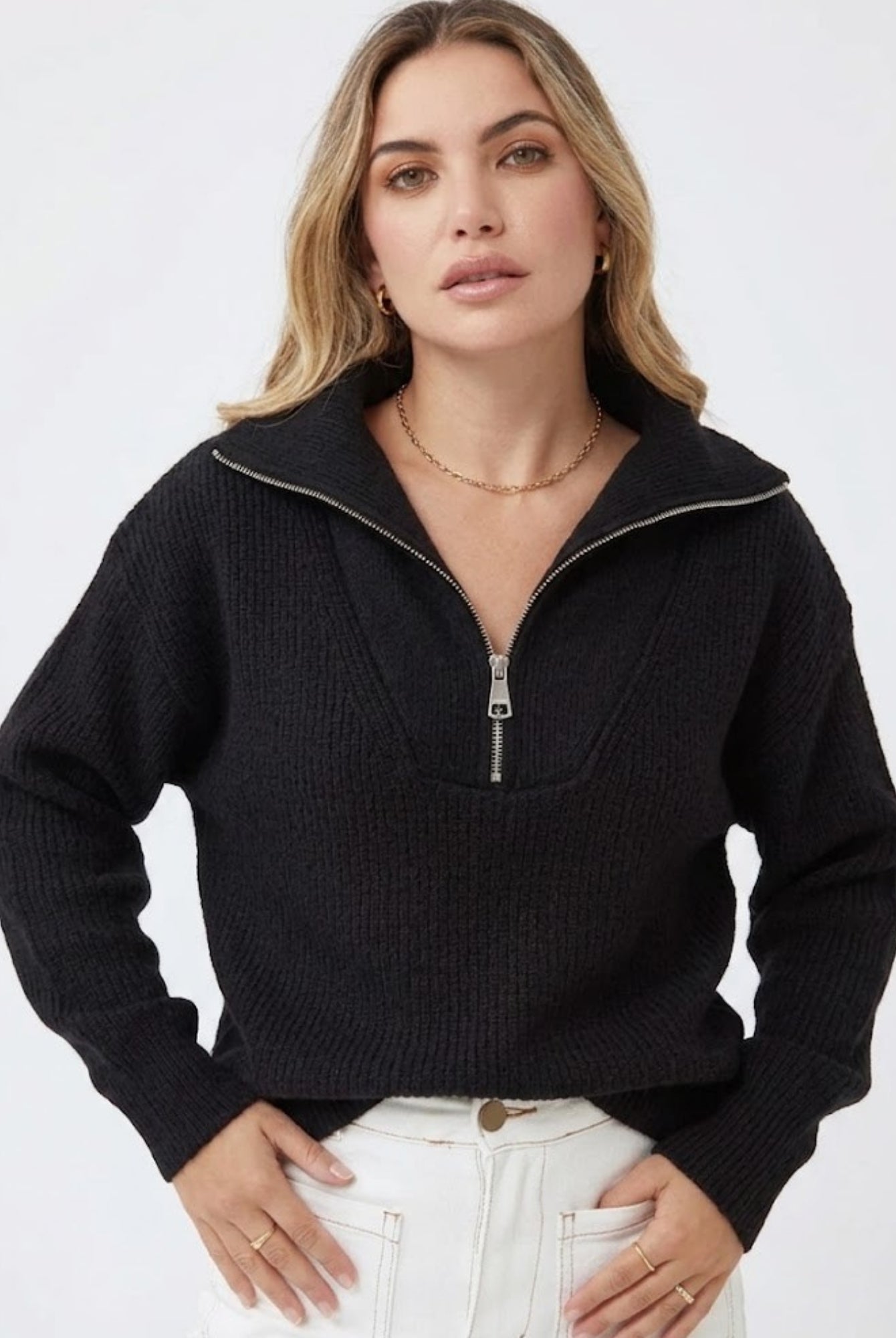 Merete Knit in Black black high collar knit with zip detail side view