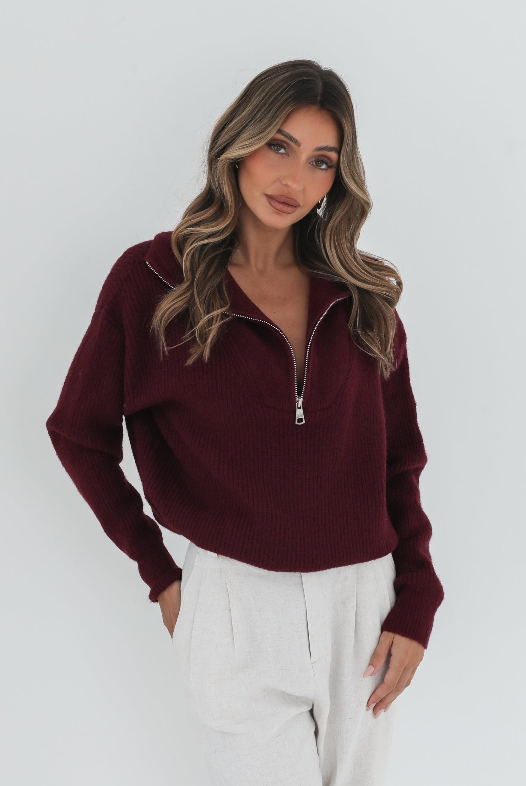 Merete Knit in Bordeaux womens wine toned knit jumper close up zip detail
