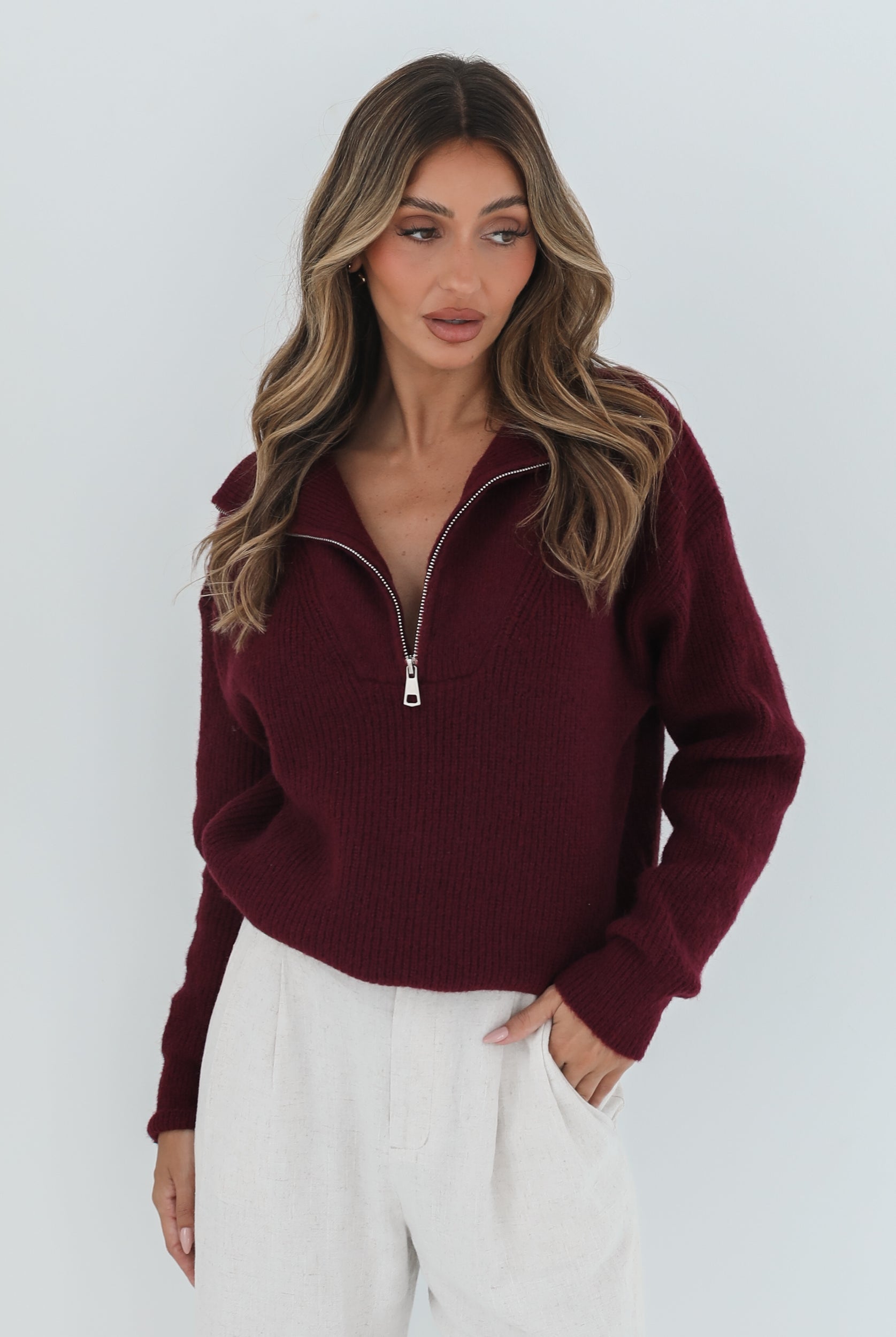 Merete Knit in Bordeaux deep bordeaux high collar knit side view