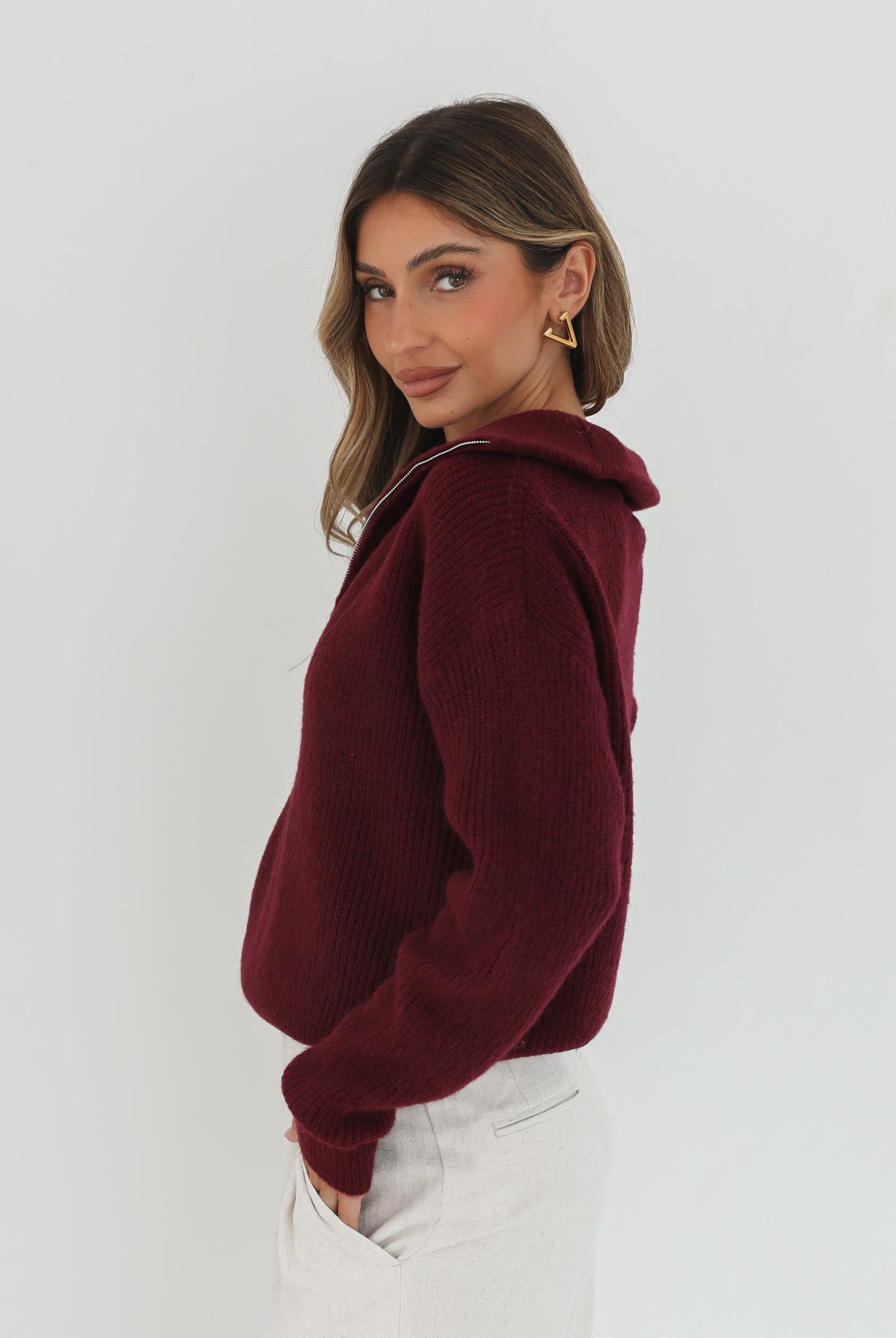 Merete Knit in Bordeaux womens bordeaux knit jumper styled outfit