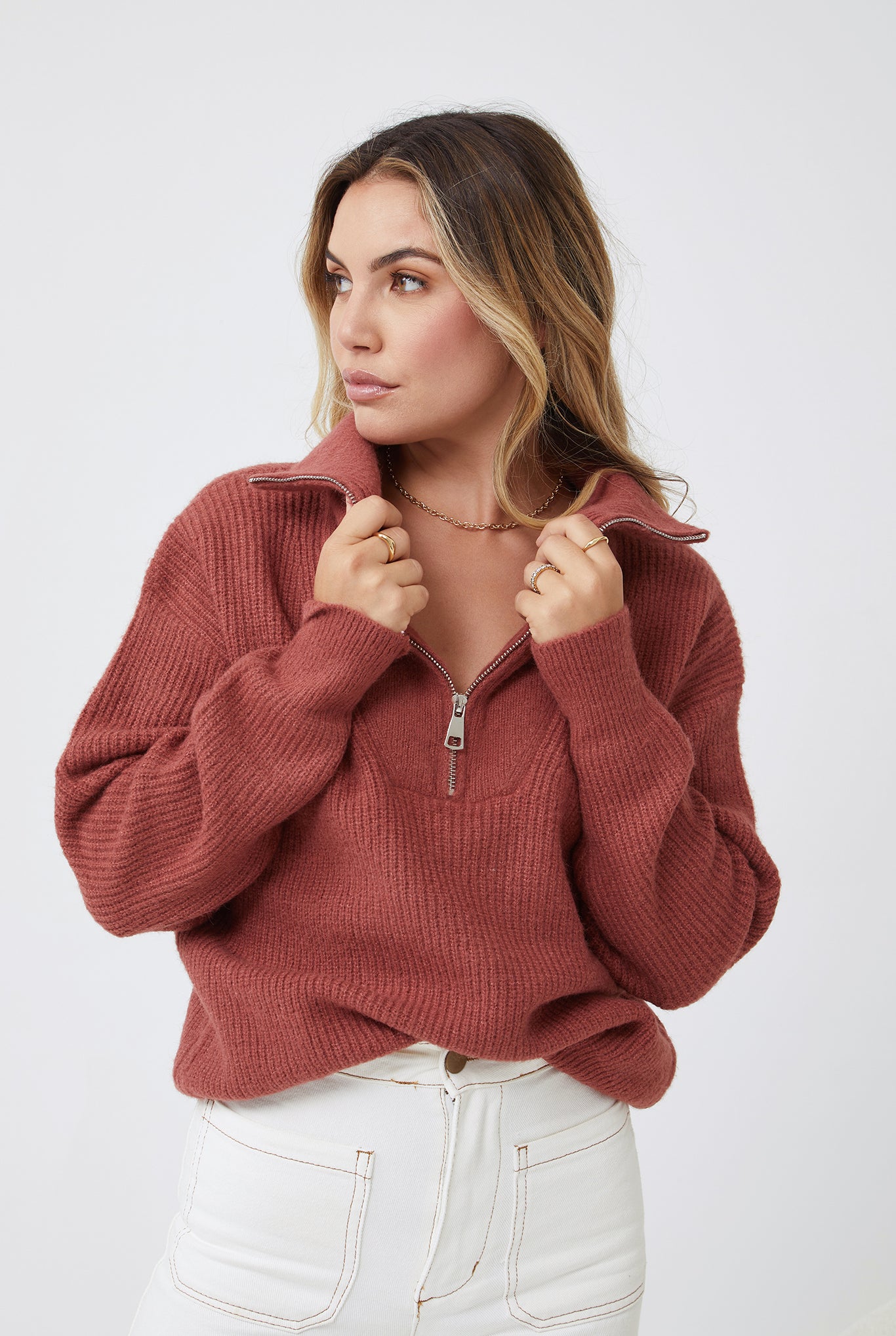 Merete Knit in Brick womens high collar knit jumper in brick front view