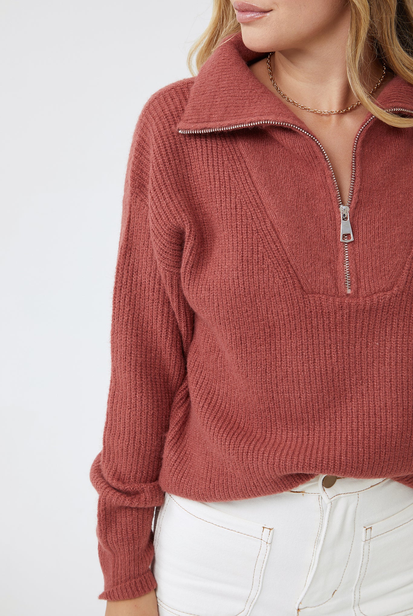 Merete Knit in Brick womens brick high collar knit jumper back view