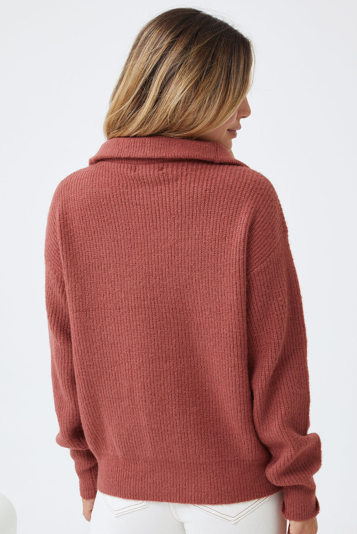 Merete Knit in Brick brick knit jumper with contrasting rib full length