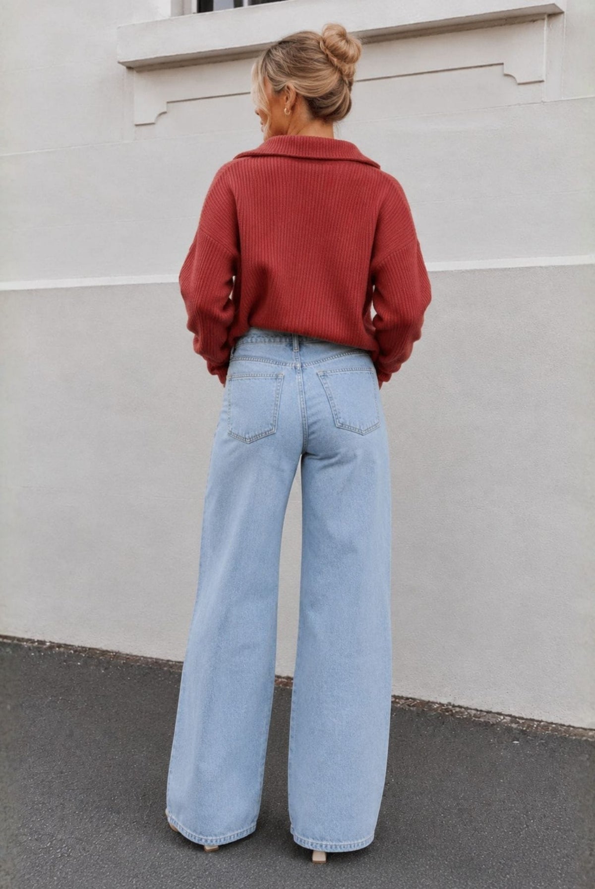 Merete Knit in Brick — women's high collar knit jumper, front view