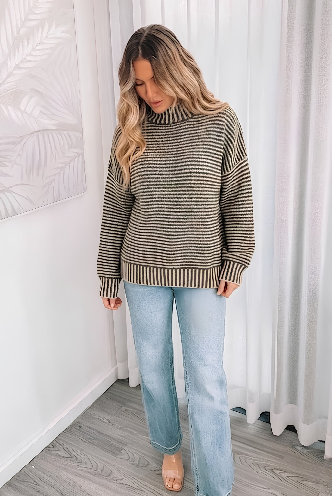 Women's latte and cream stripe high neck knit jumper with mock neck, the Naizelle Knit in Latte Stripe by Esther & Co