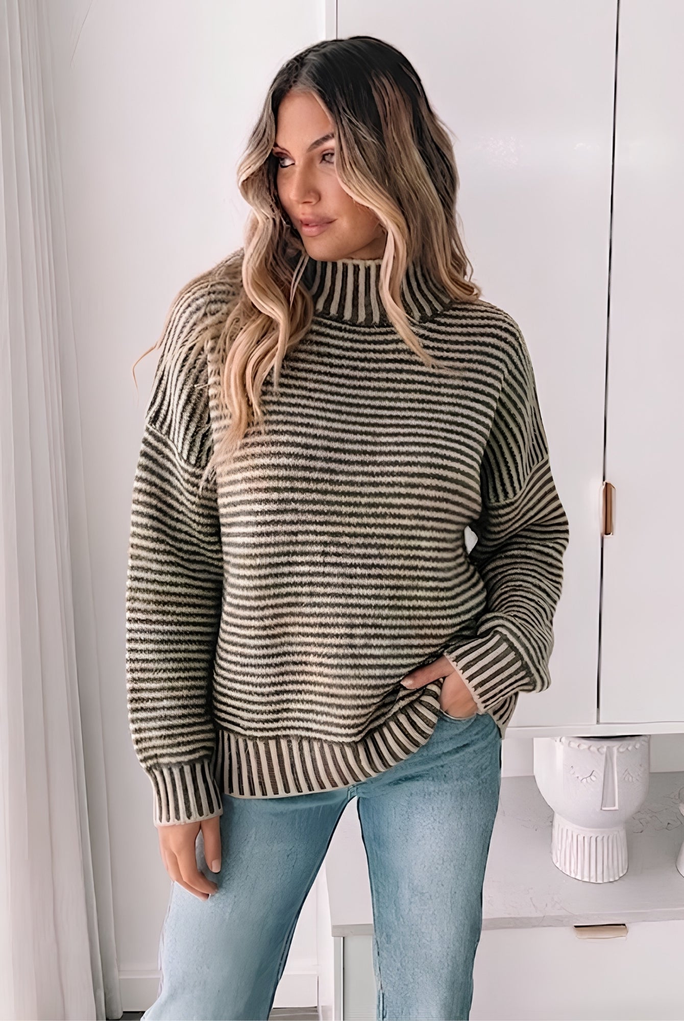 Women's latte stripe knit jumper with high mock neck and dropped shoulders by Esther & Co