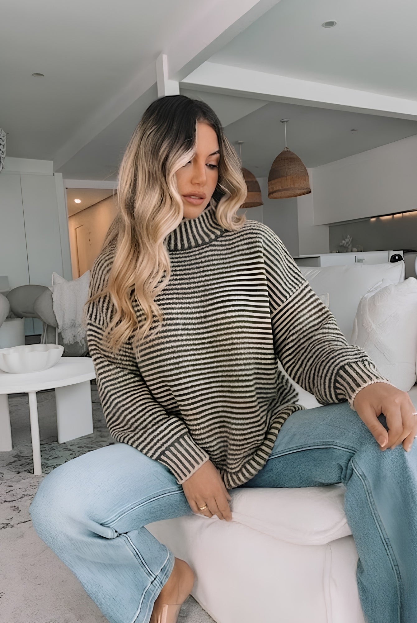 Women's striped latte high neck knit jumper with chunky ribbed detailing by Esther & Co