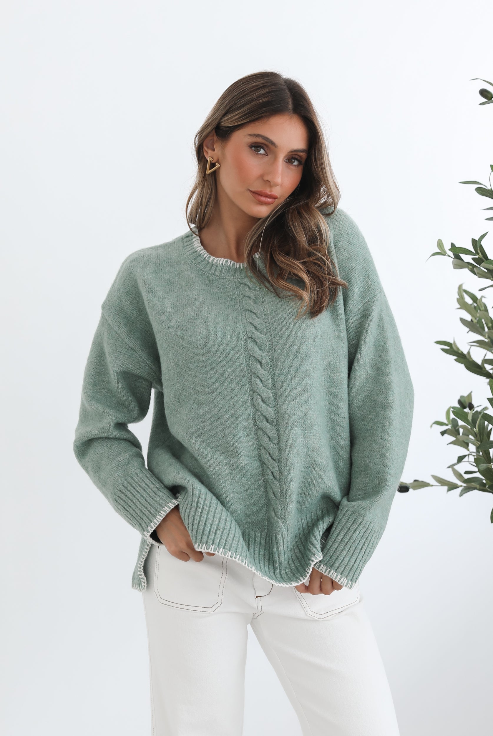 Nasheia sage wool blend knit jumper, detail view