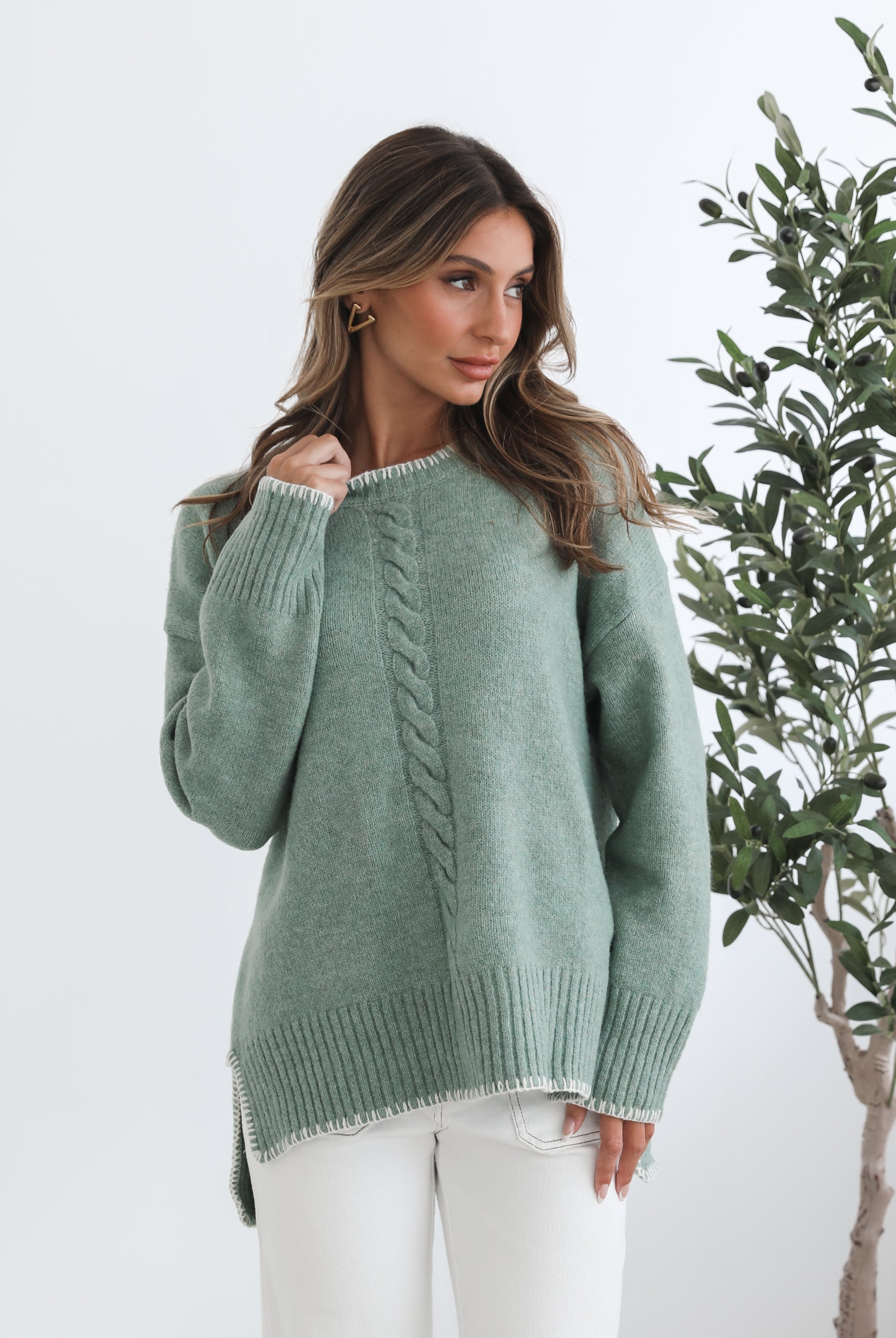 Nasheia Knit in Sage sage acrylic wool blend knit full length view