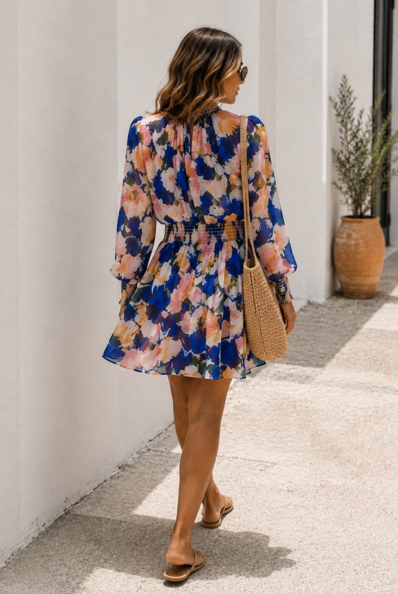 Women's cobalt blue printed long sleeve mini dress, the Neary Dress in Painted Cobalt by Esther & Co