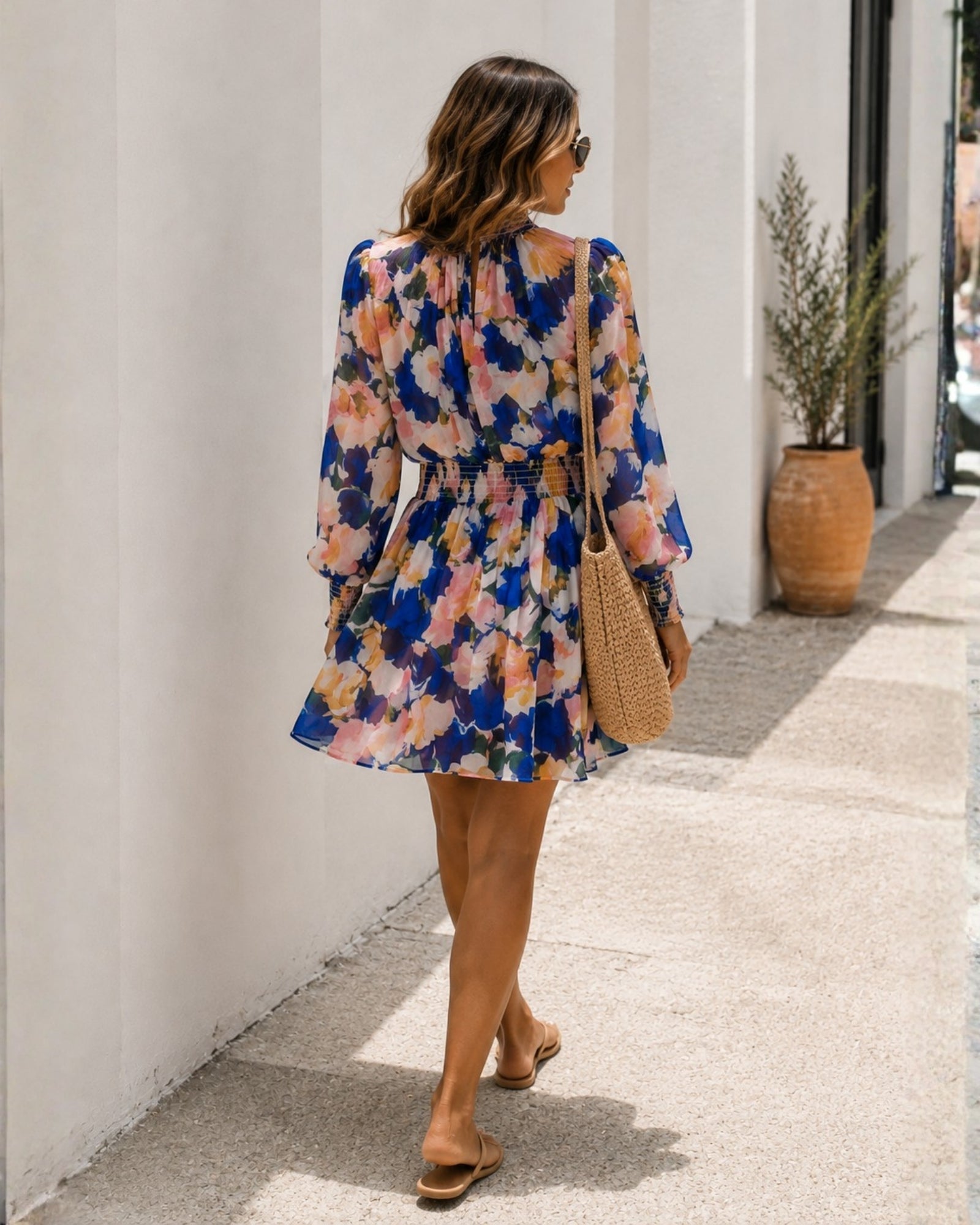 Women's cobalt blue printed long sleeve mini dress, the Neary Dress in Painted Cobalt by Esther & Co