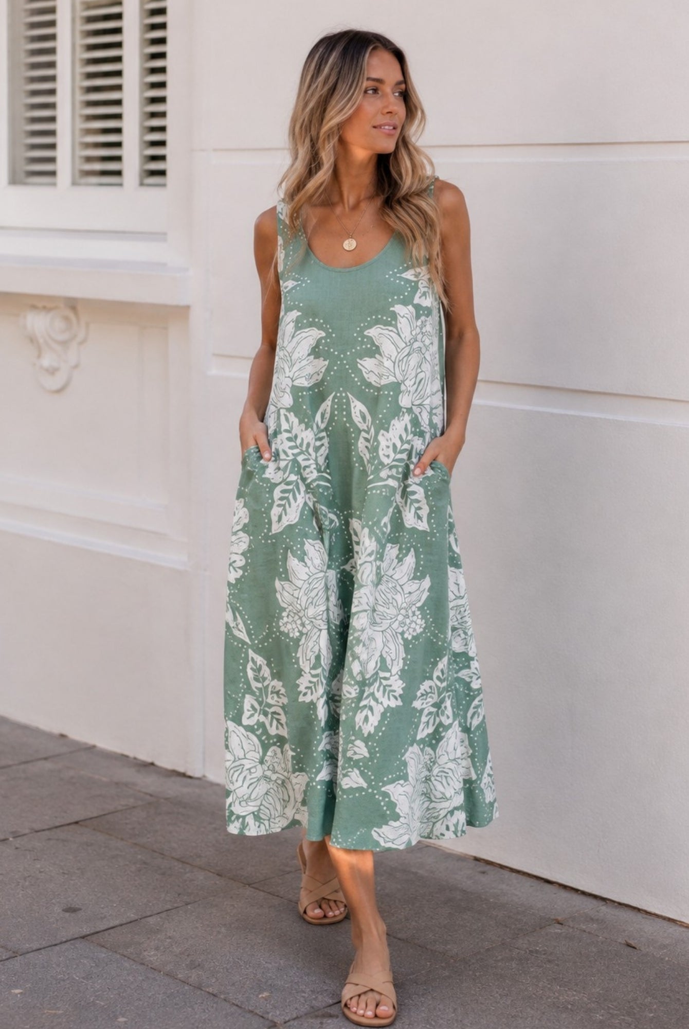 Women's sage floral linen maxi dress, the Noerelle Dress in Sage Floral by Esther & Co