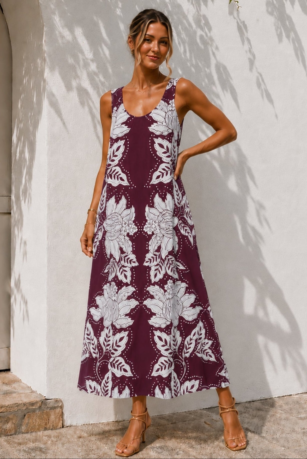 Women's wine floral print dress front view by Esther & Co