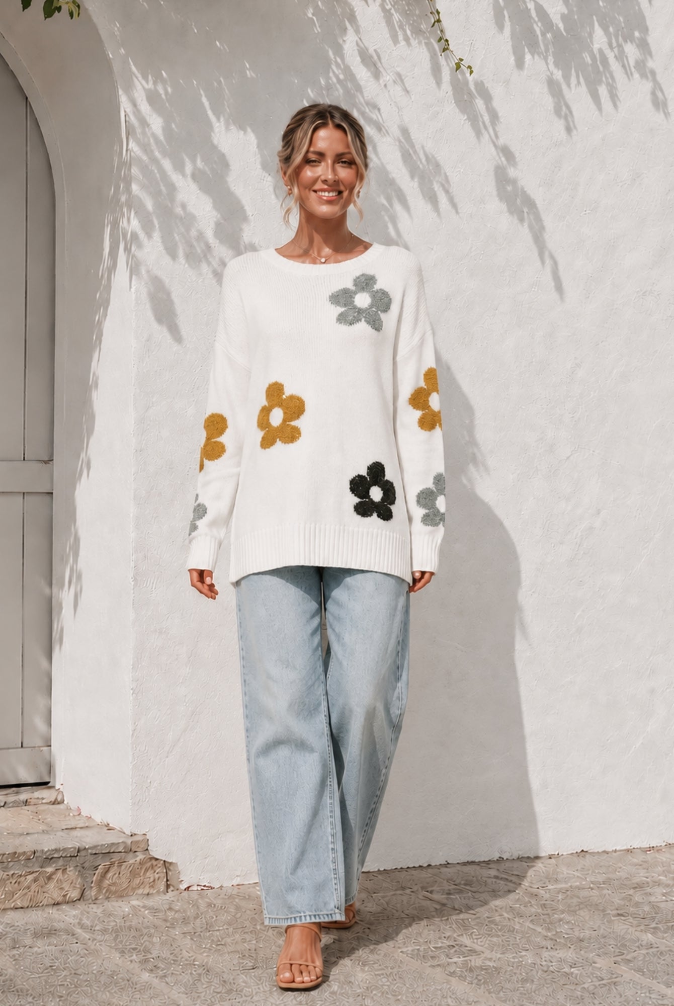 Women's cream floral knit jumper front view by Esther & Co