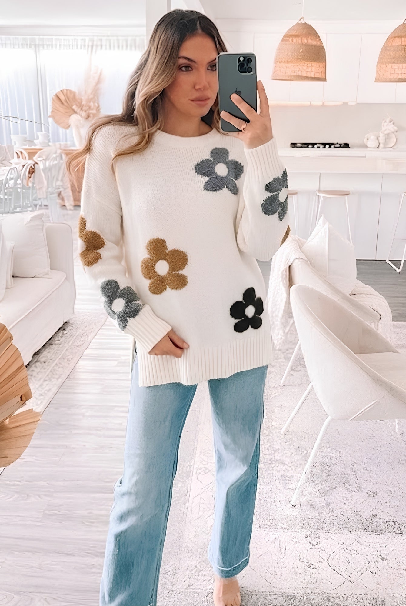 Women's cream knit jumper with romantic floral motif, the Novella Knit in Cream Floral by Esther & Co