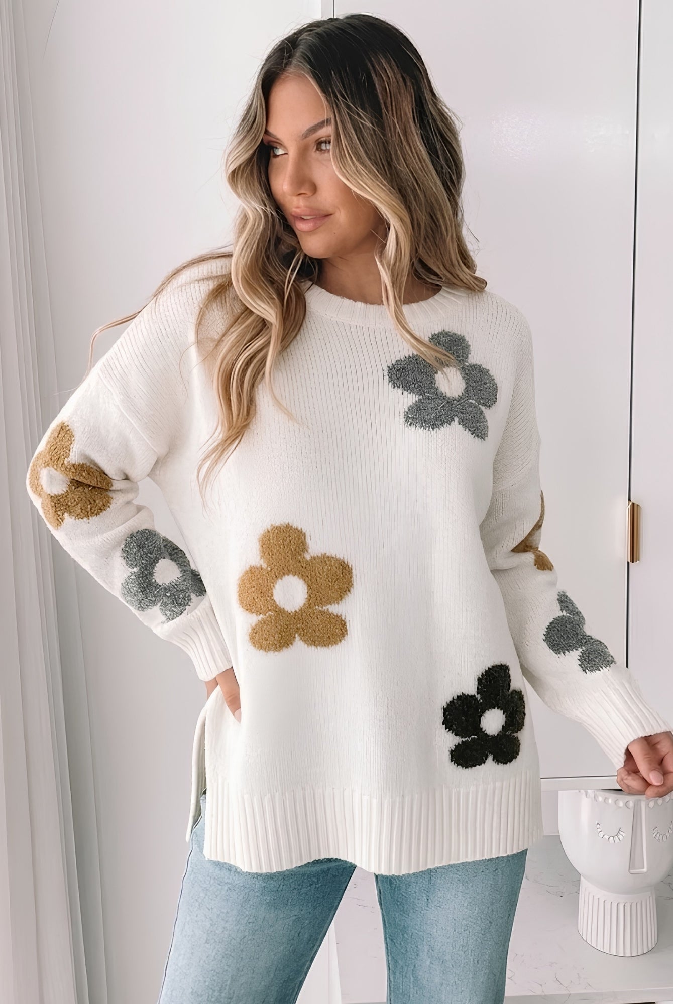 Women's feminine cream floral winter knit jumper by Esther & Co