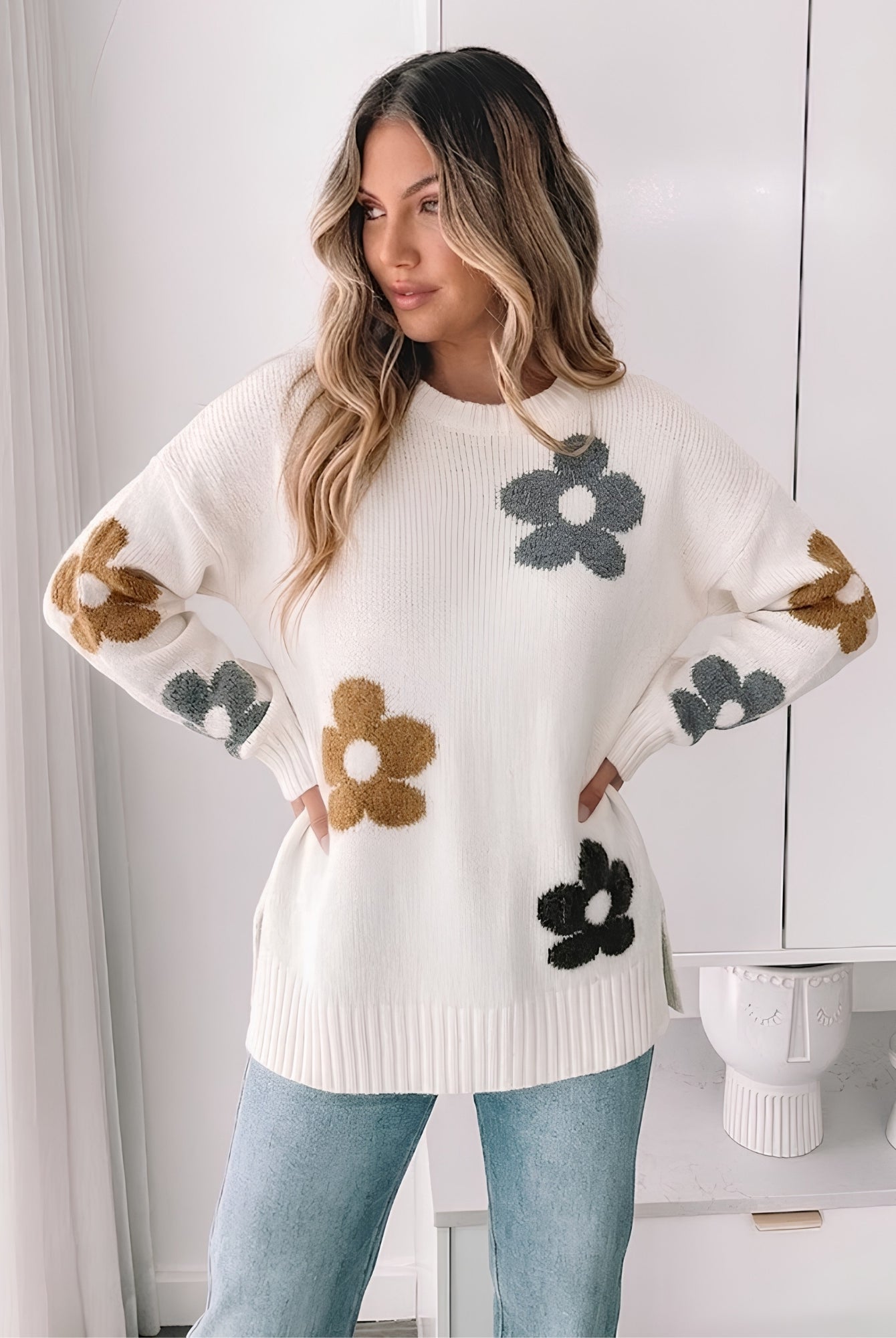 Women's soft cream knit jumper with all over floral design by Esther & Co