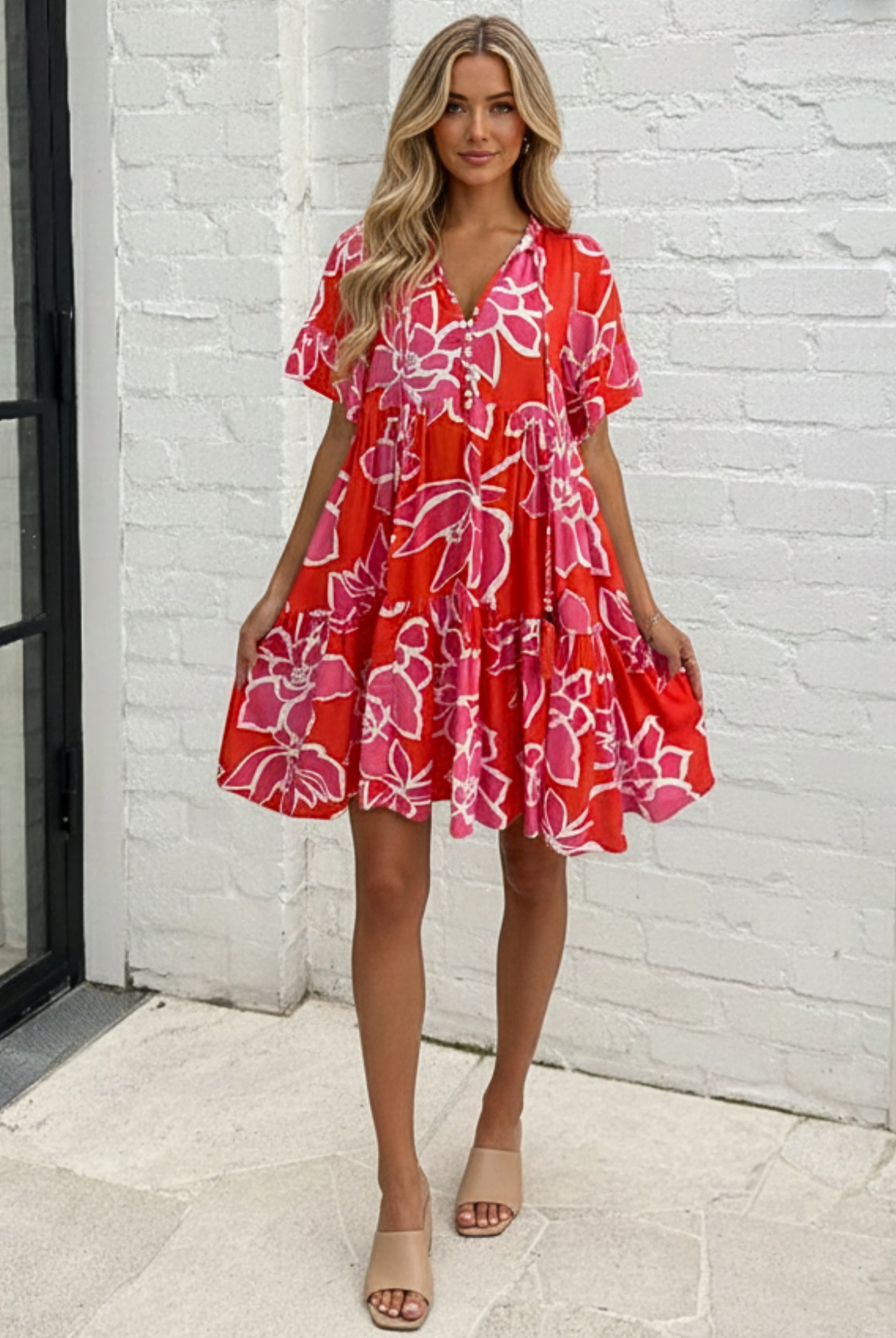 Women's red multi floral mini dress, the Ophelia Dress in Red Multi by Esther & Co