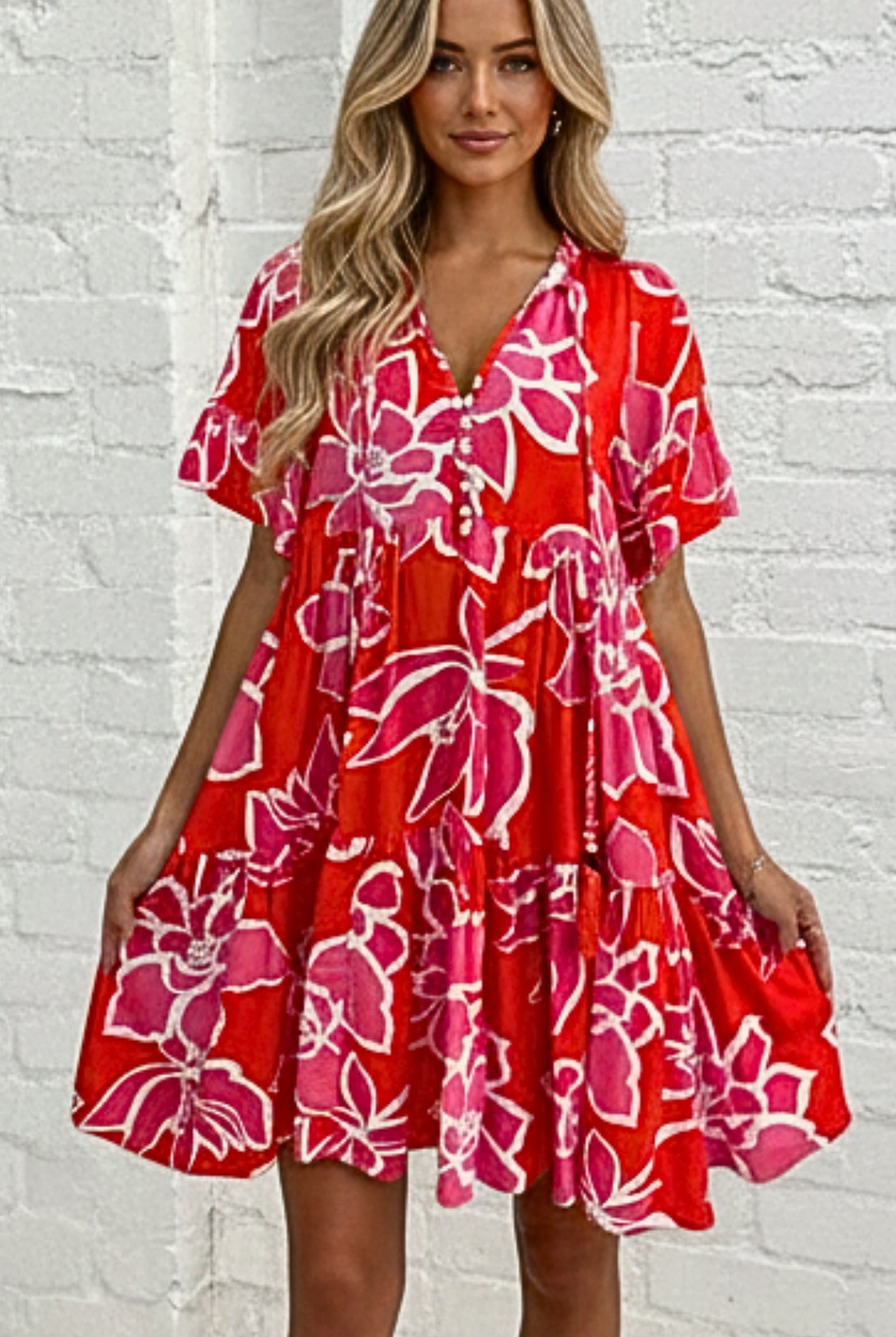 Women's red multi floral mini dress front view by Esther & Co