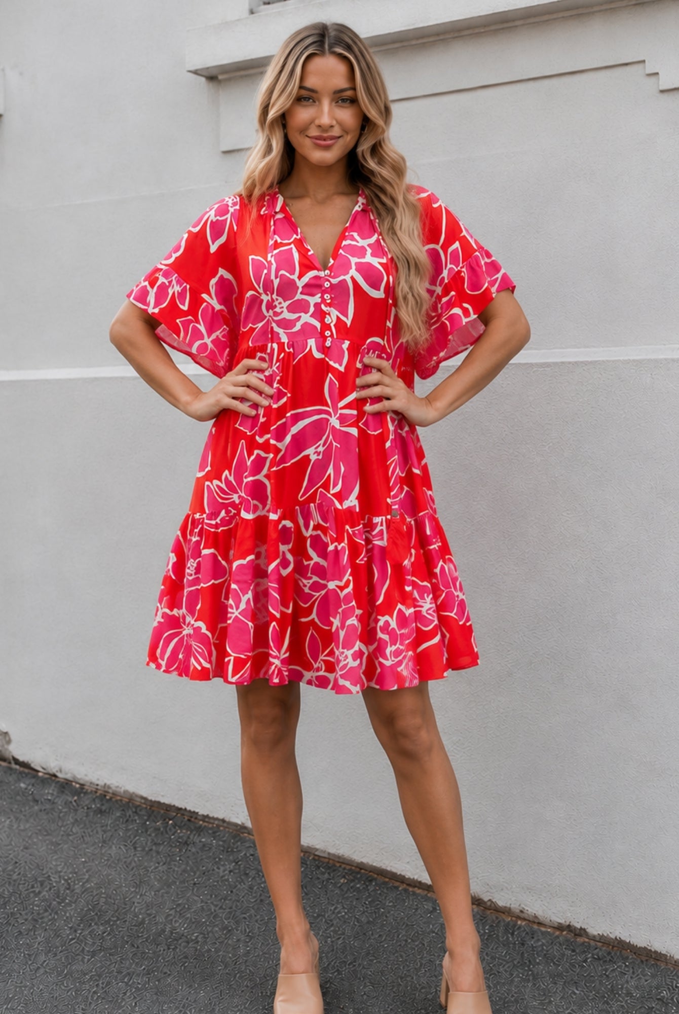 Women's red multi floral mini dress styled outfit by Esther & Co