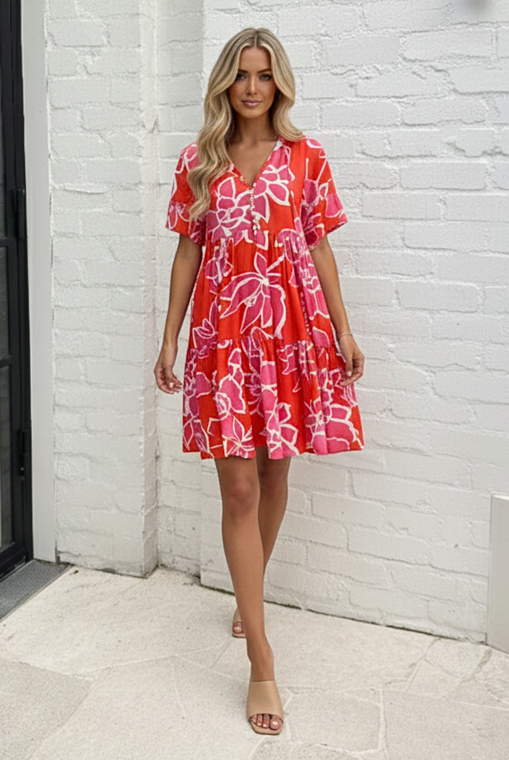 Women's red multi floral mini dress styled outfit by Esther & Co