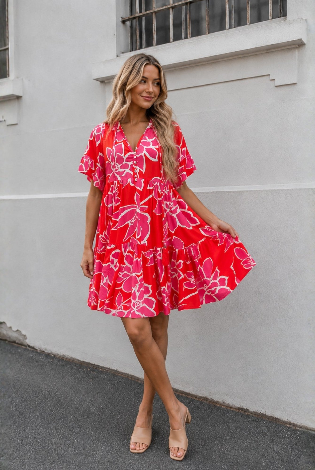 Women's red multi floral mini dress side view by Esther & Co