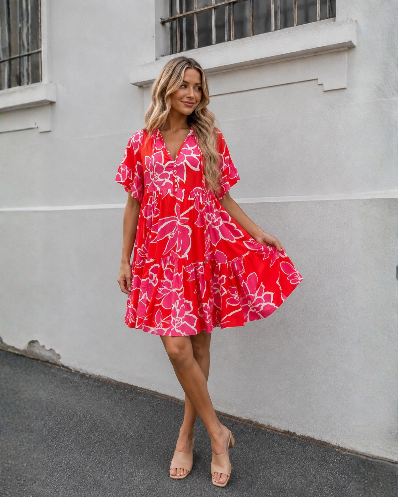Women's red multi floral mini dress side view by Esther & Co