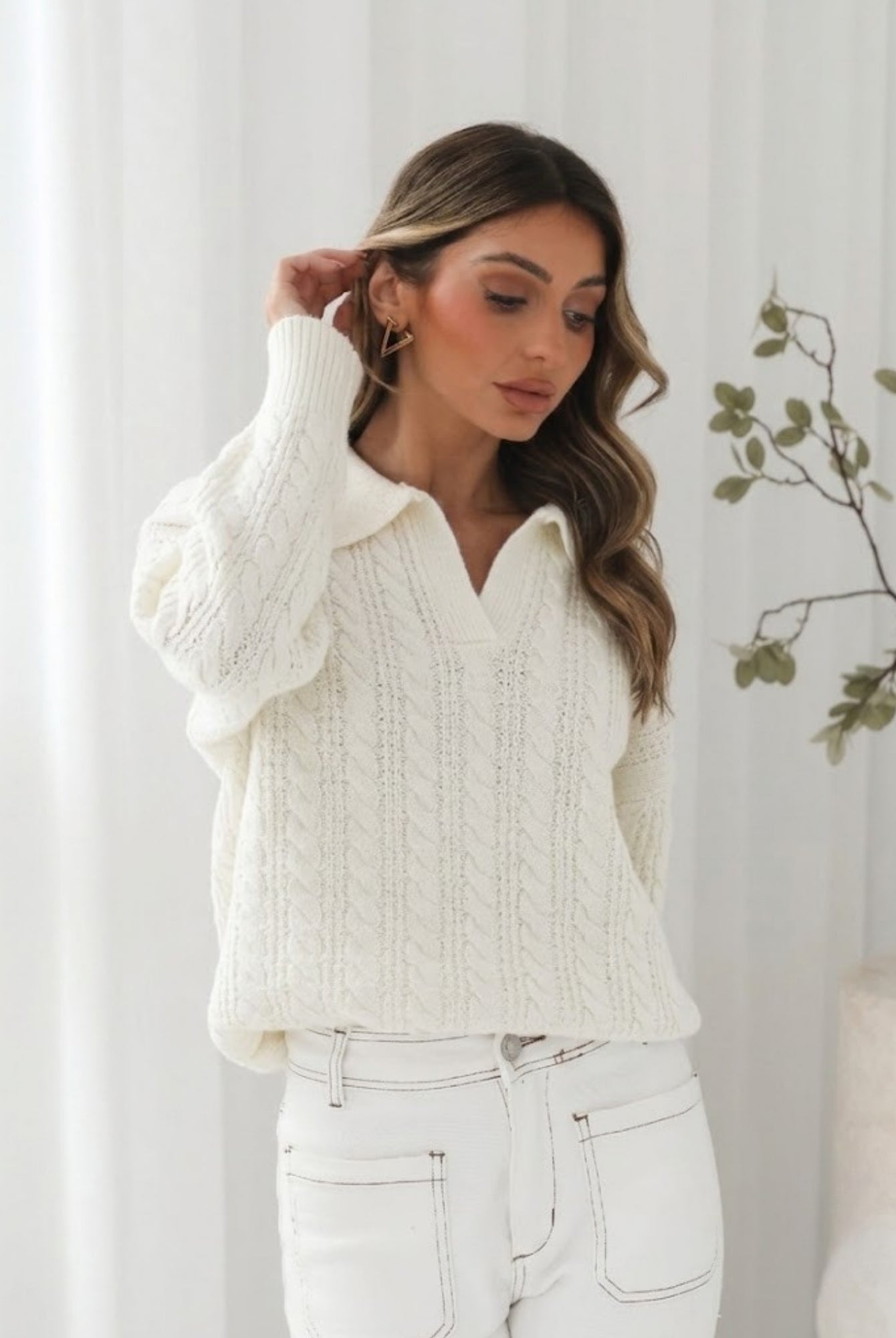 Oriah cream cable knit jumper with open collar, front view