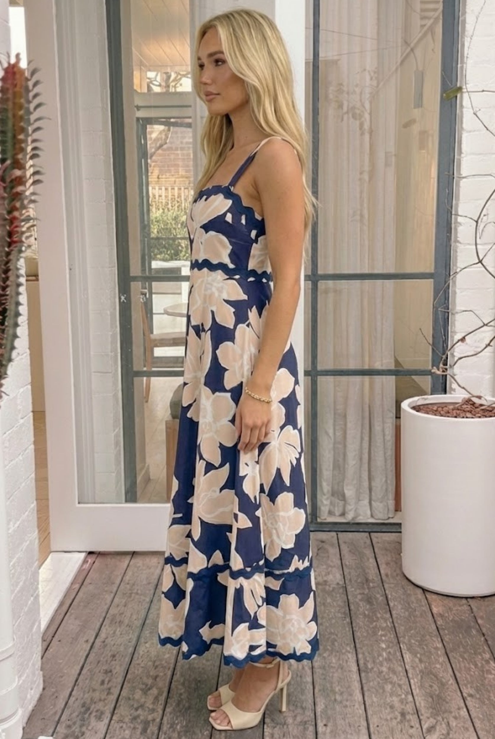 Women's navy floral maxi dress front view by Esther & Co