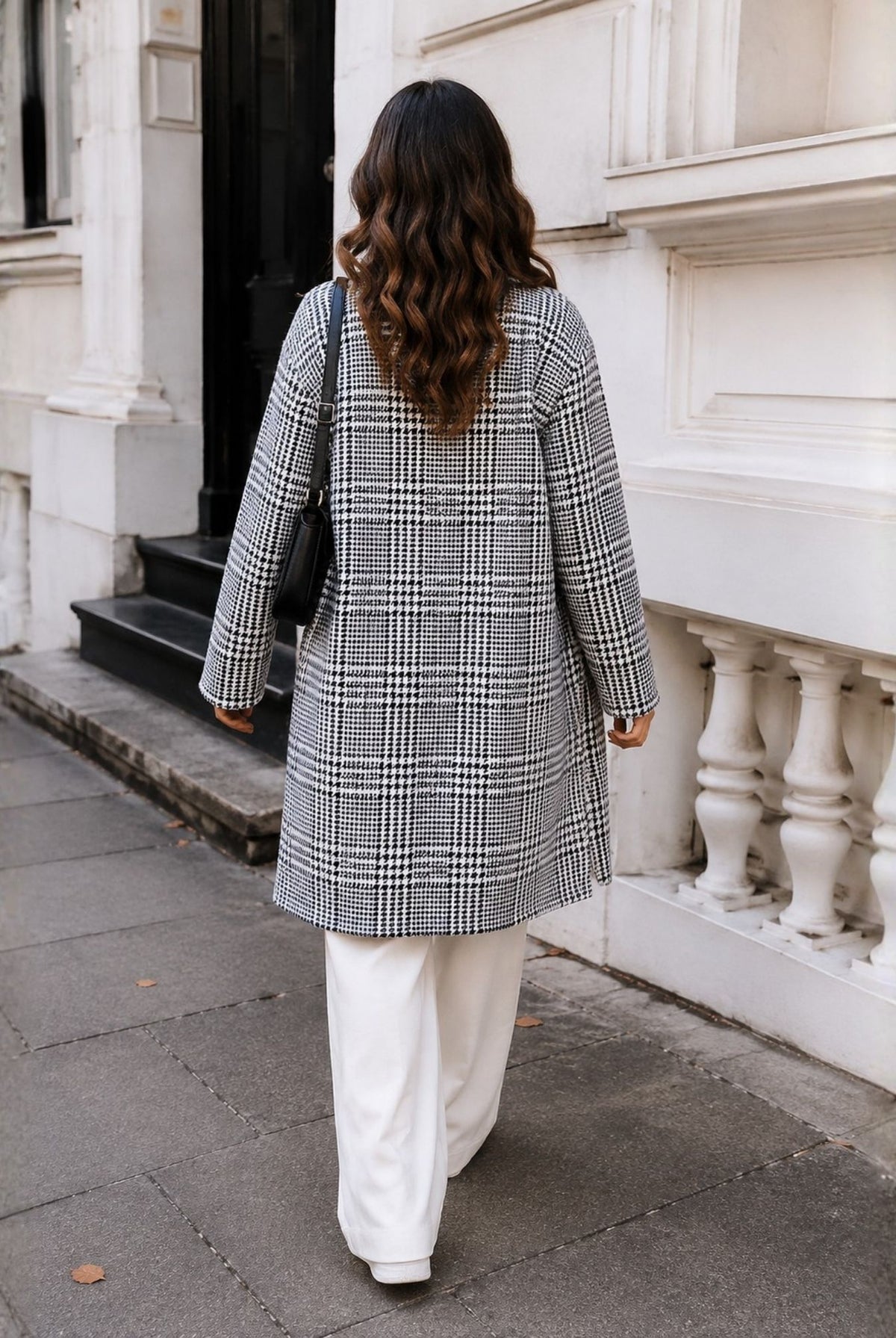Polaris Coat in Print — women's check longline coat, side view