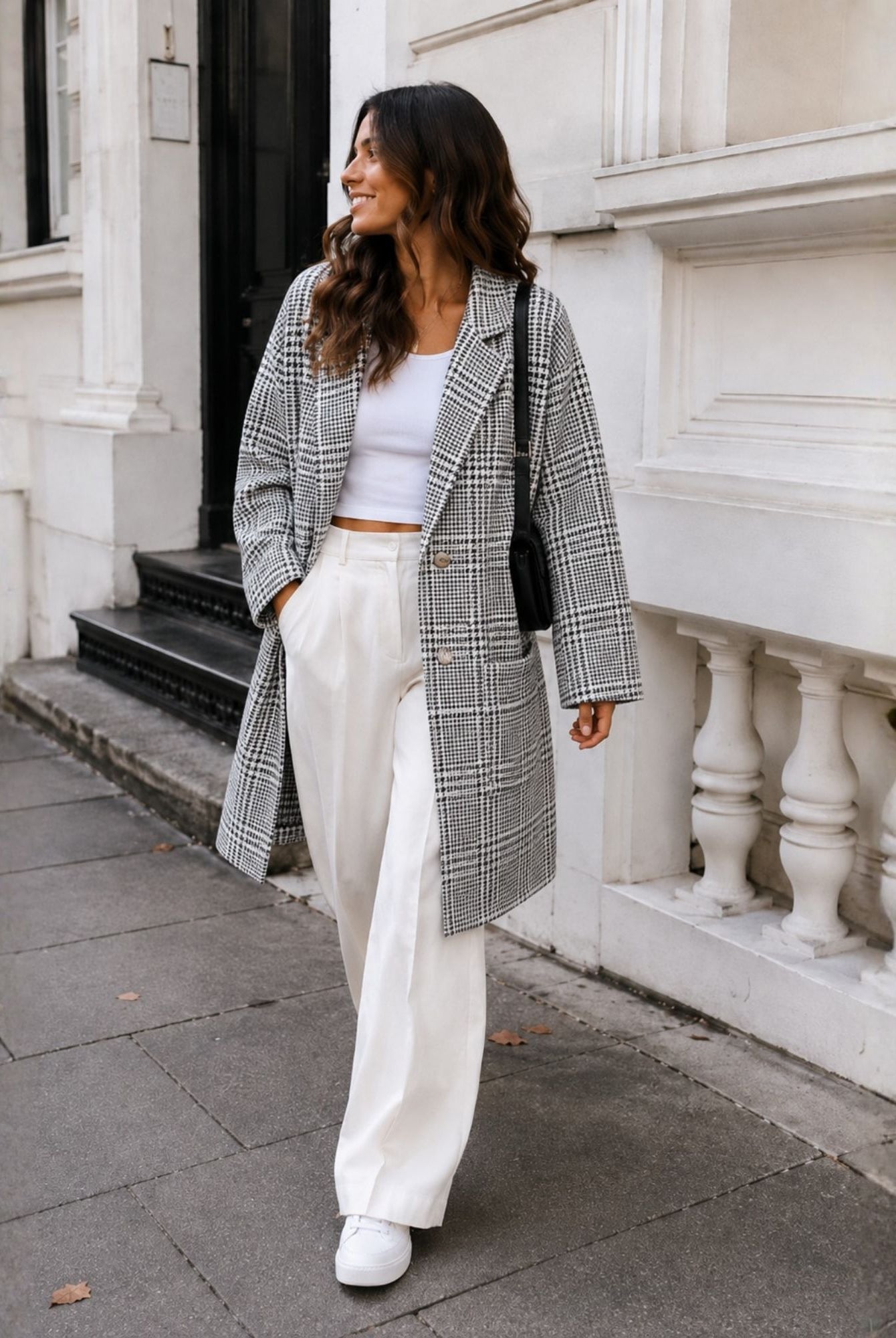 Polaris Coat in Print — women's check longline coat, back view