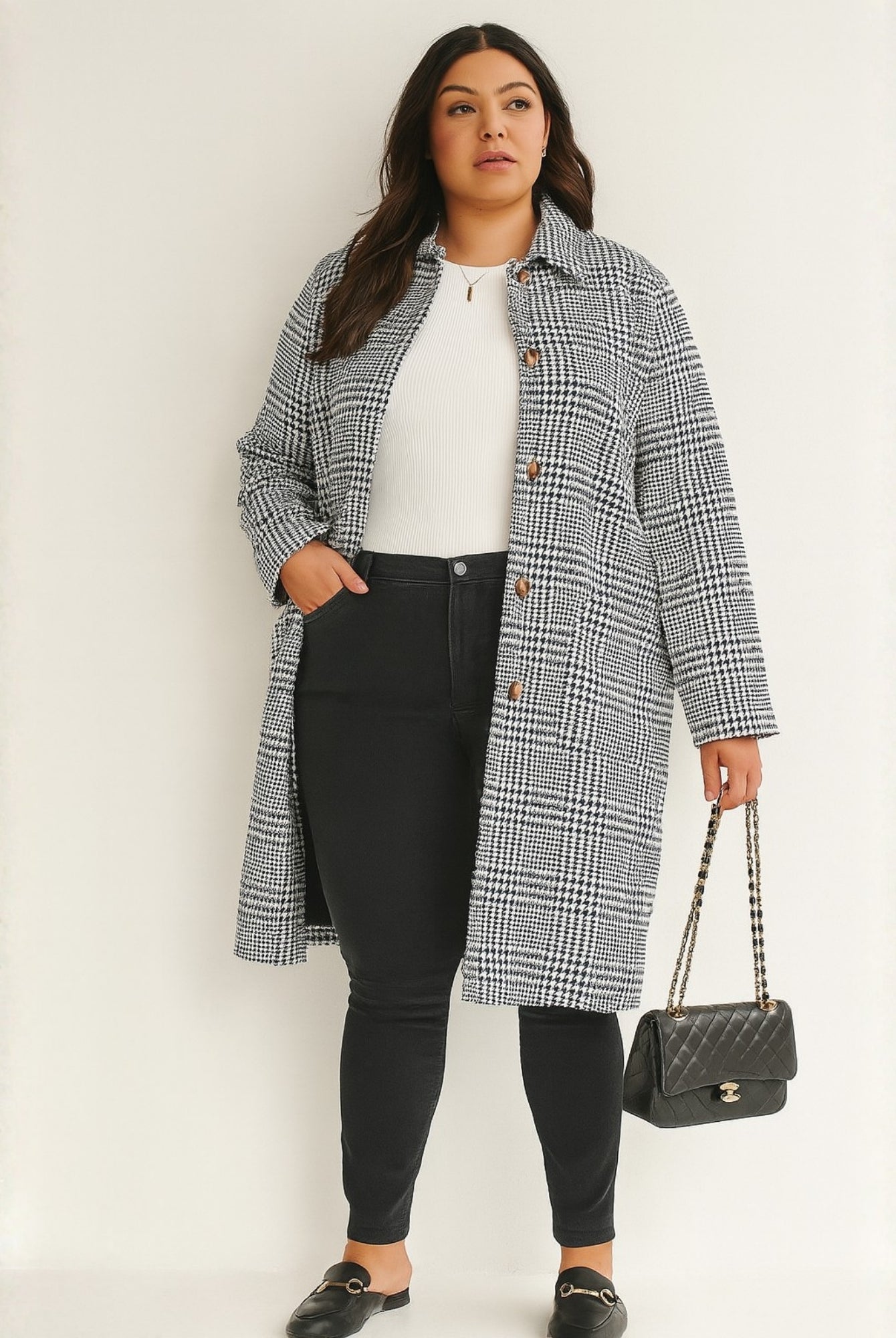 Polaris Coat in Print — women's check longline coat, detail