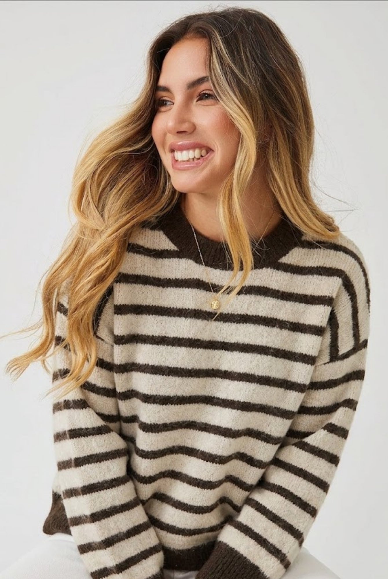 Women's chocolate stripe knit jumper with dropped shoulders and slouchy fit by Esther & Co