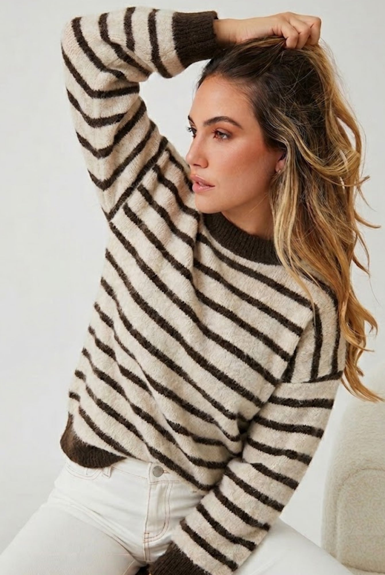 Women's chocolate and cream stripe knit jumper with crew neckline, the Pollock Knit in Choc Stripe by Esther & Co
