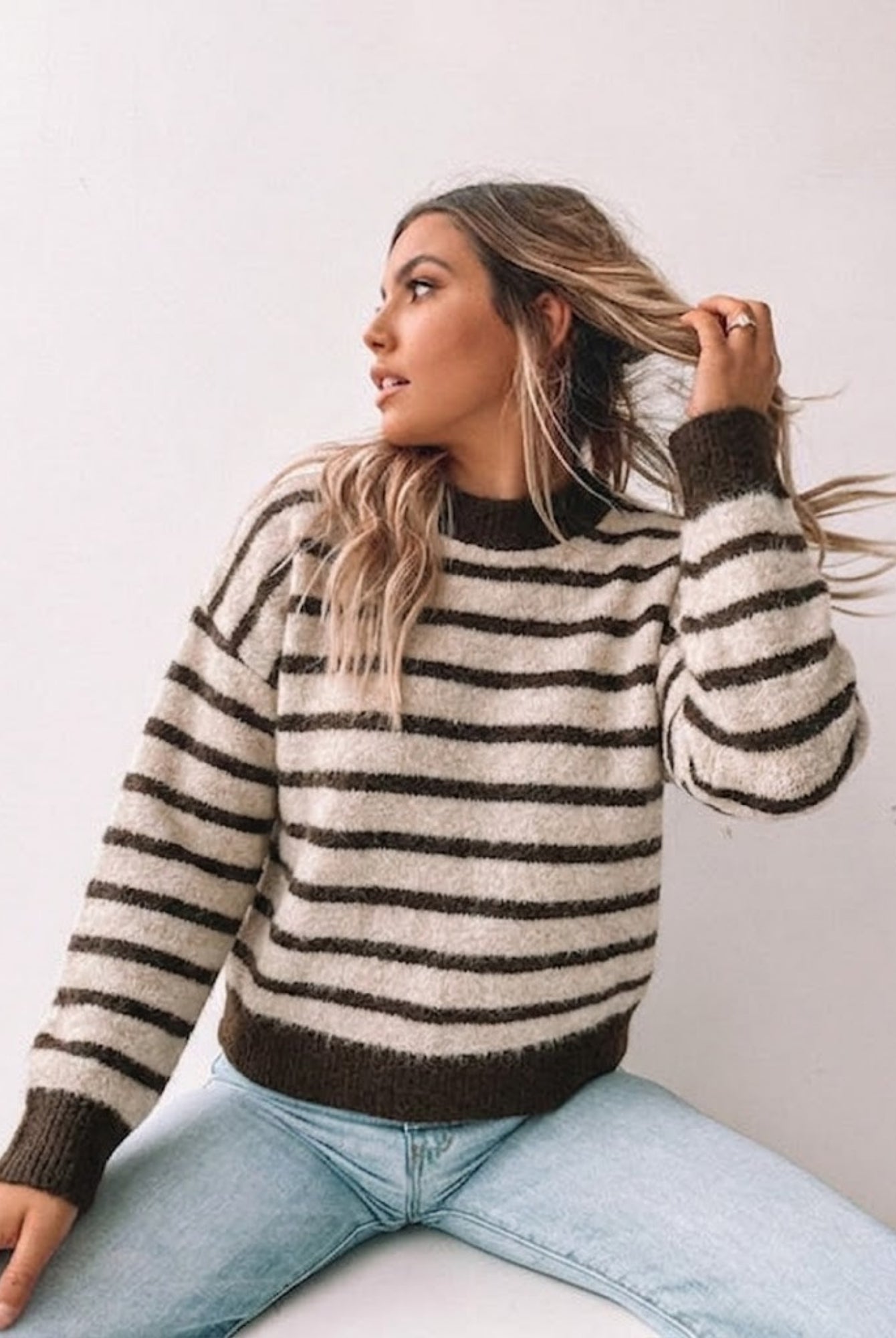 Women's striped chocolate knit jumper with ribbed cuffs and hem by Esther & Co
