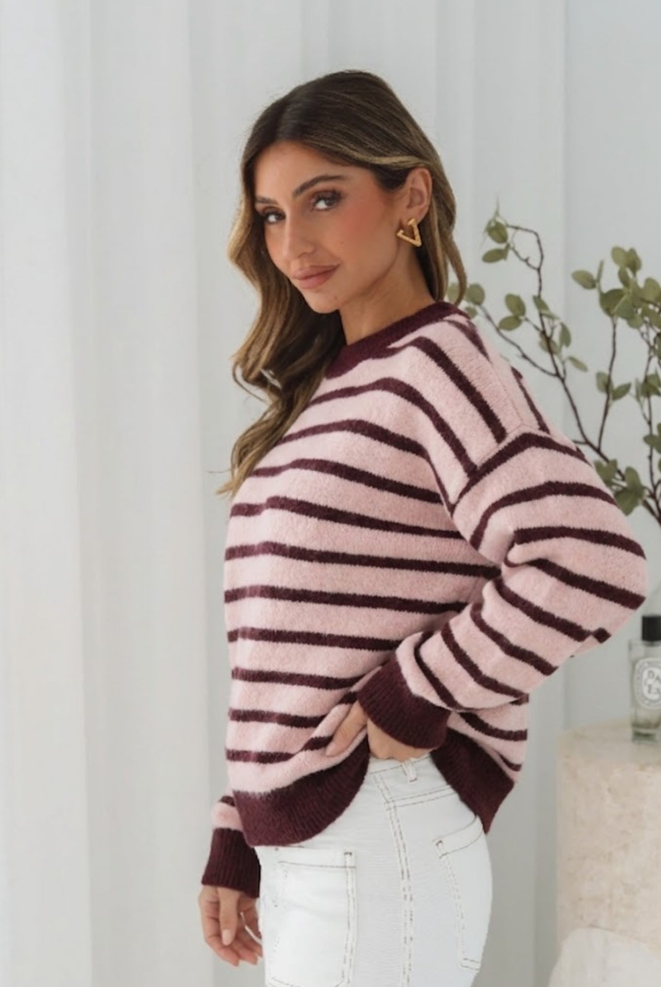 Women's wine stripe knit jumper with dropped shoulders and cosy fit by Esther & Co