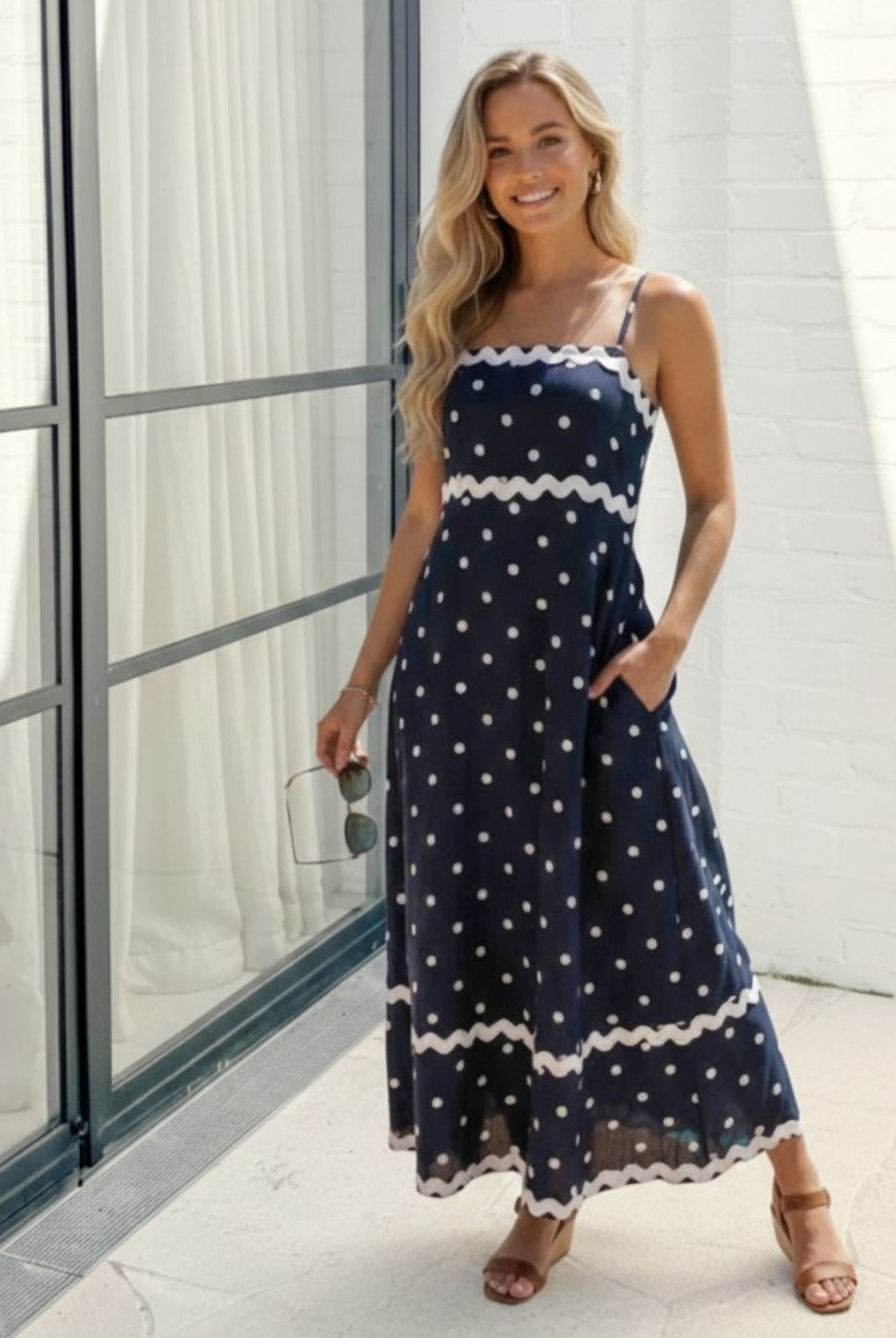 Women's navy polka dot midi dress, the Priah Navy Spot Dress by Esther & Co