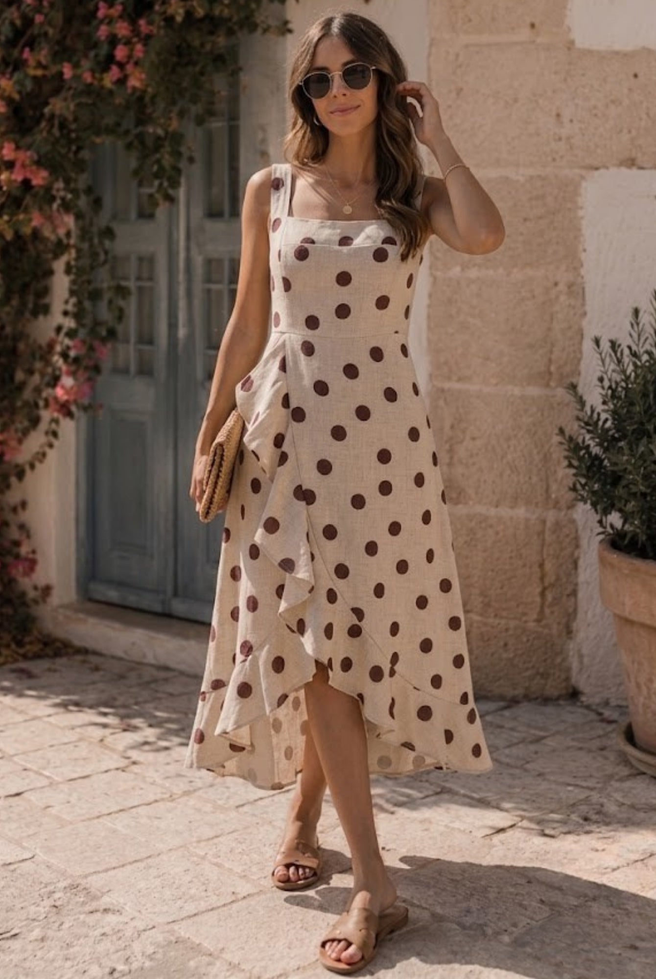 Women's speckled sand spot print midi dress, the Prynne Dress in Speckled Sand by Esther & Co