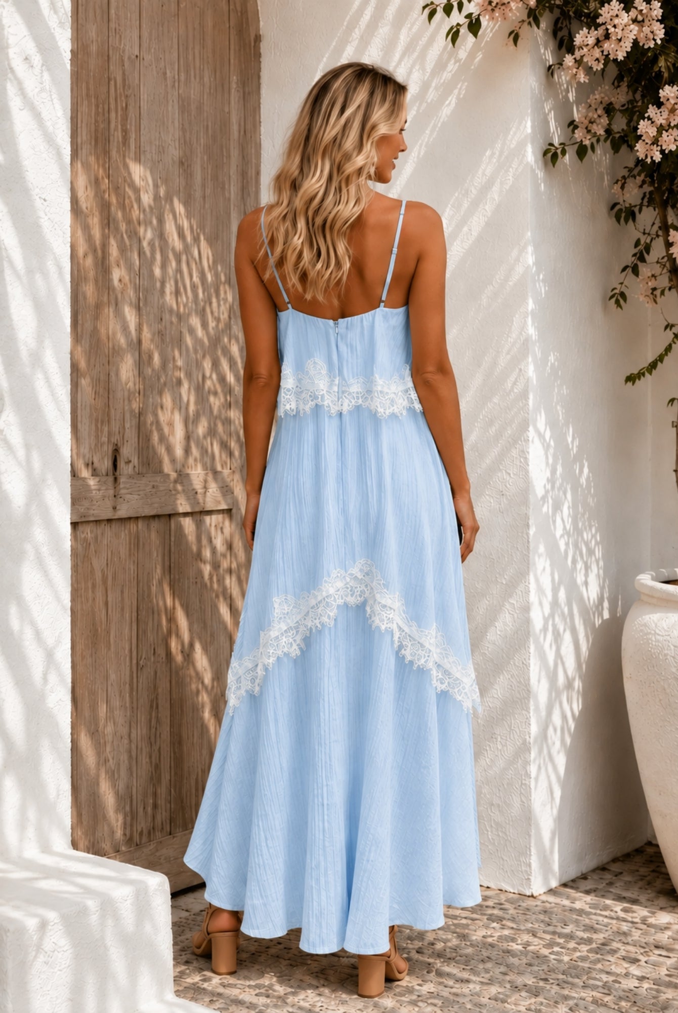Women's blue and white tiered high low dress, the Qiana Dress in Blue Horizon by Esther & Co