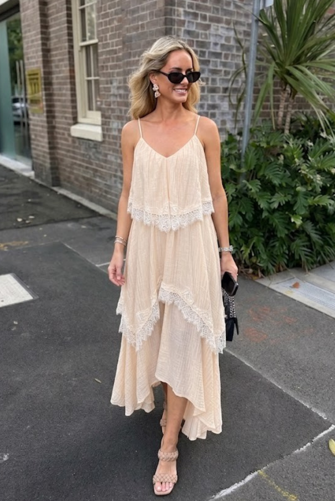 Women's vanilla tiered high-low dress, the Qiana Dress in Vanilla Romance by Esther & Co