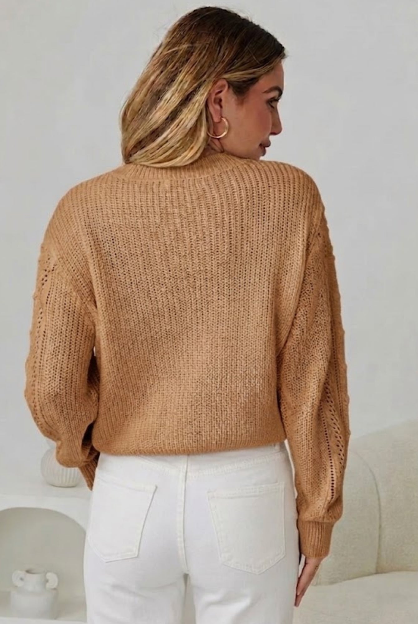 Women's textured tan winter knit jumper with ribbed cuffs by Esther & Co