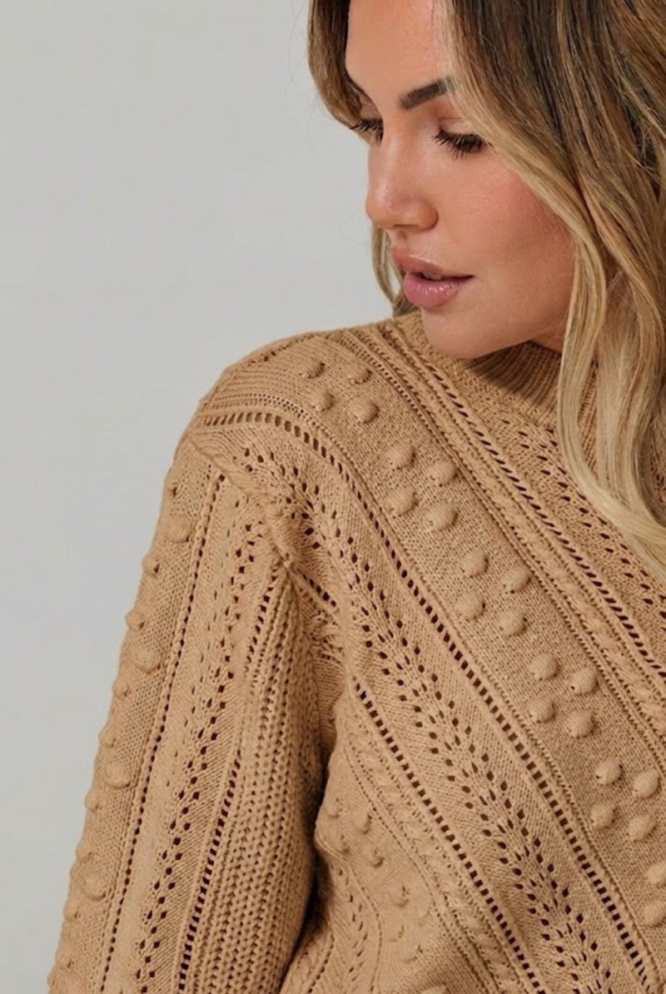 Women's tan high neck knit jumper with relaxed silhouette by Esther & Co