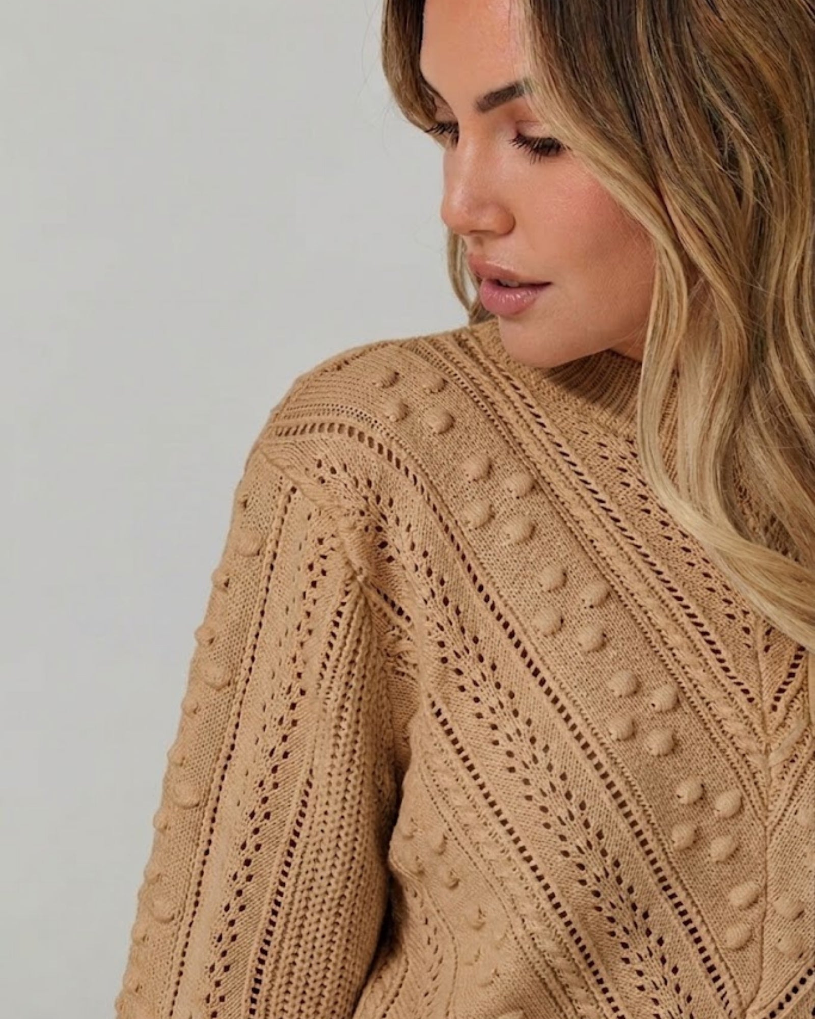 Women's tan high neck knit jumper with relaxed silhouette by Esther & Co