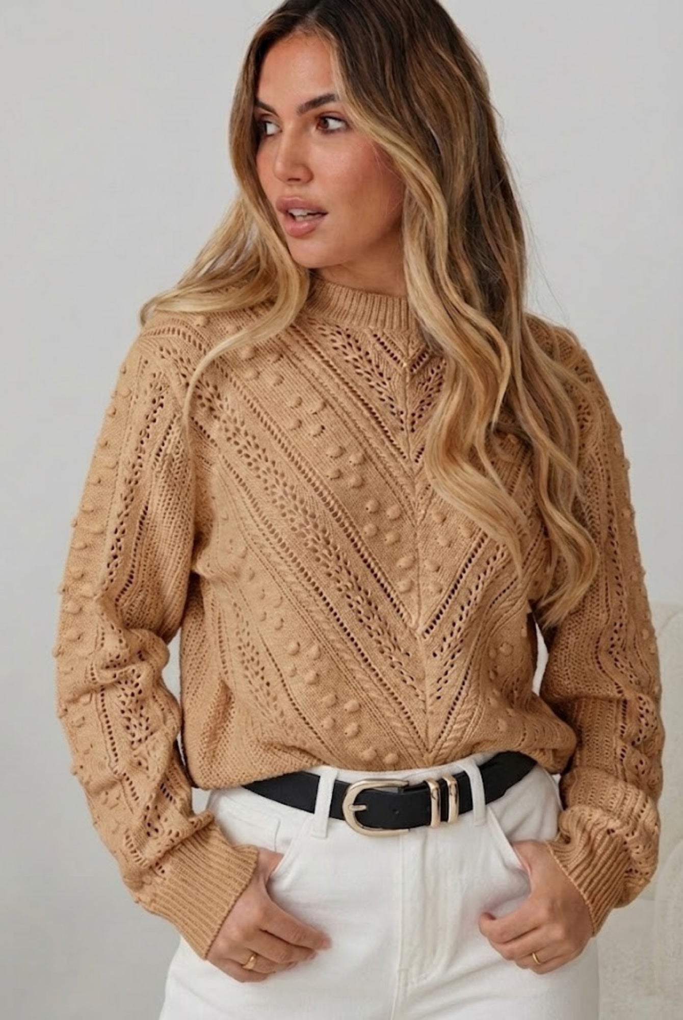 Women's tan textured knit jumper with pointelle chevron pattern and pom pom detail, the Rheane Knit in Tan by Esther & Co