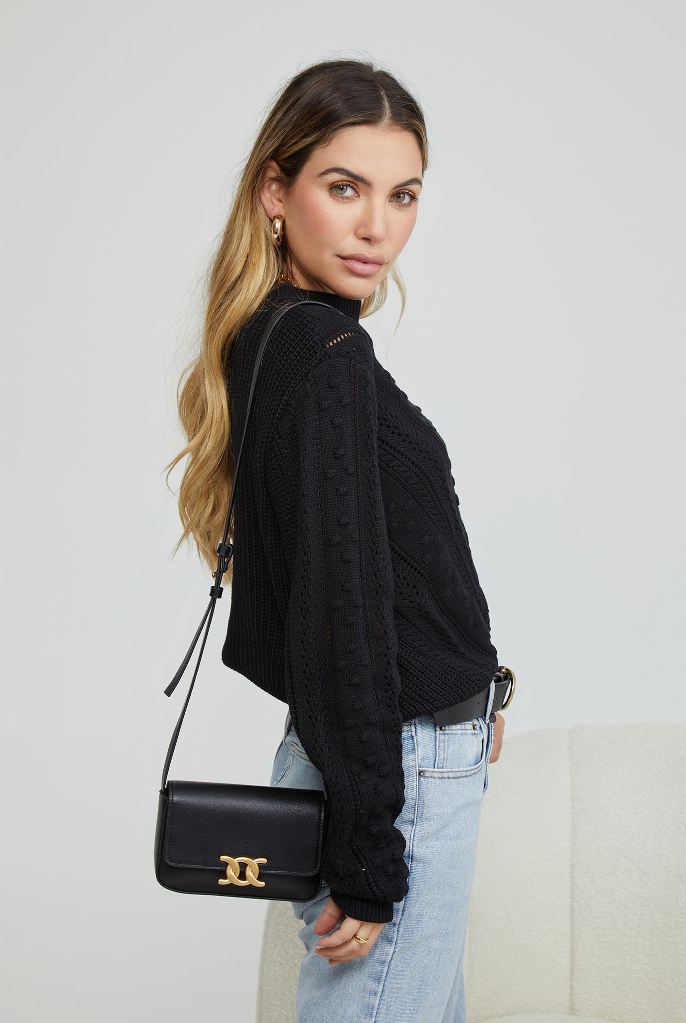 Rheane Knit in Black womens black intricate patterned knit styled outfit